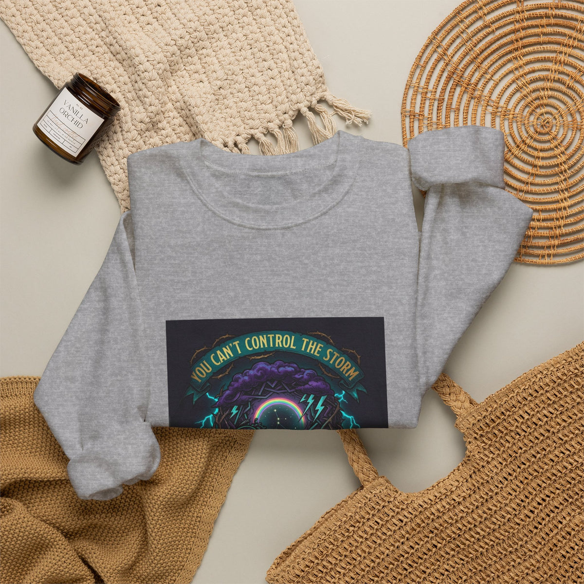Crewneck Sweatshirt — "You Can't Control the Weather" Cosmic Ocean Design