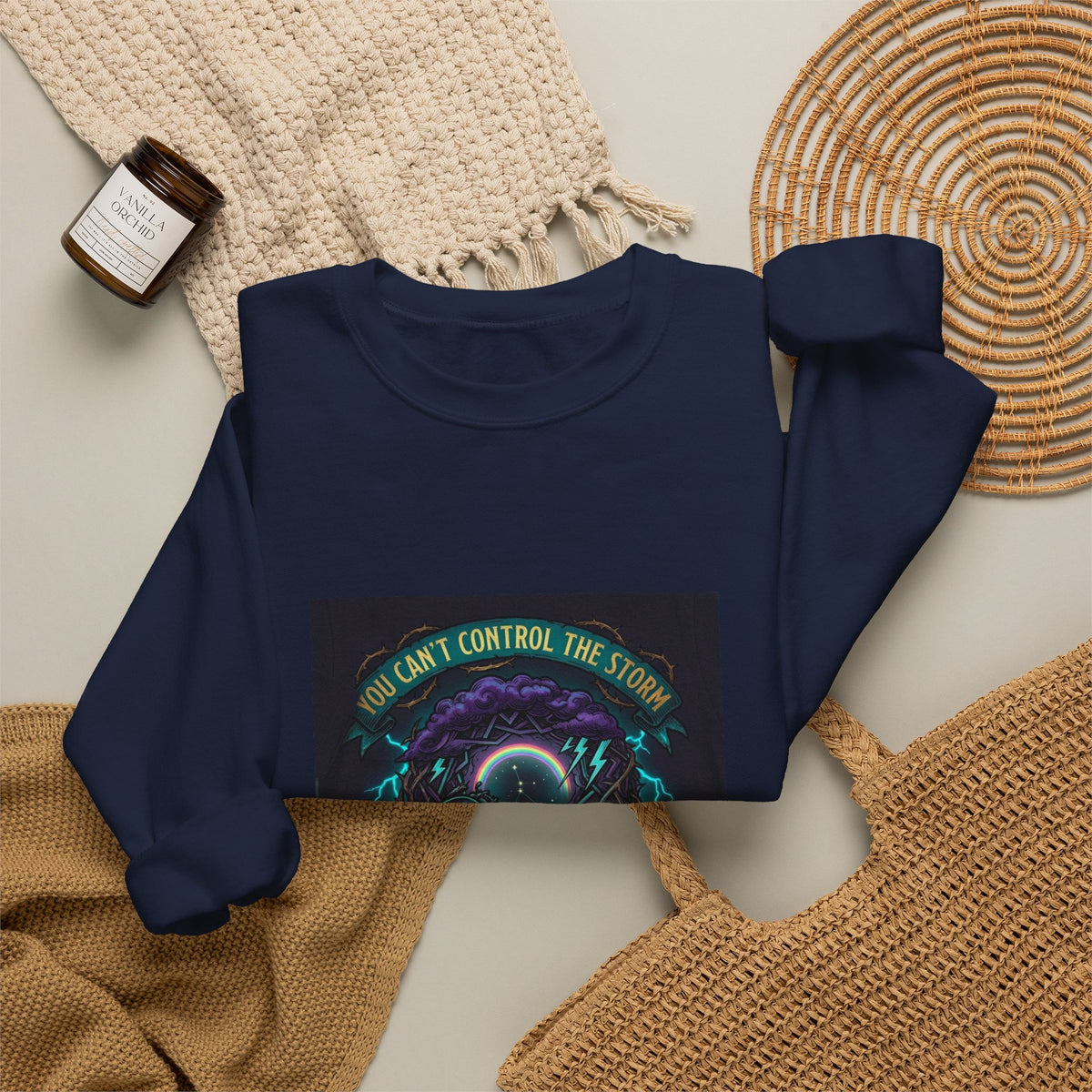 Crewneck Sweatshirt — "You Can't Control the Weather" Cosmic Ocean Design