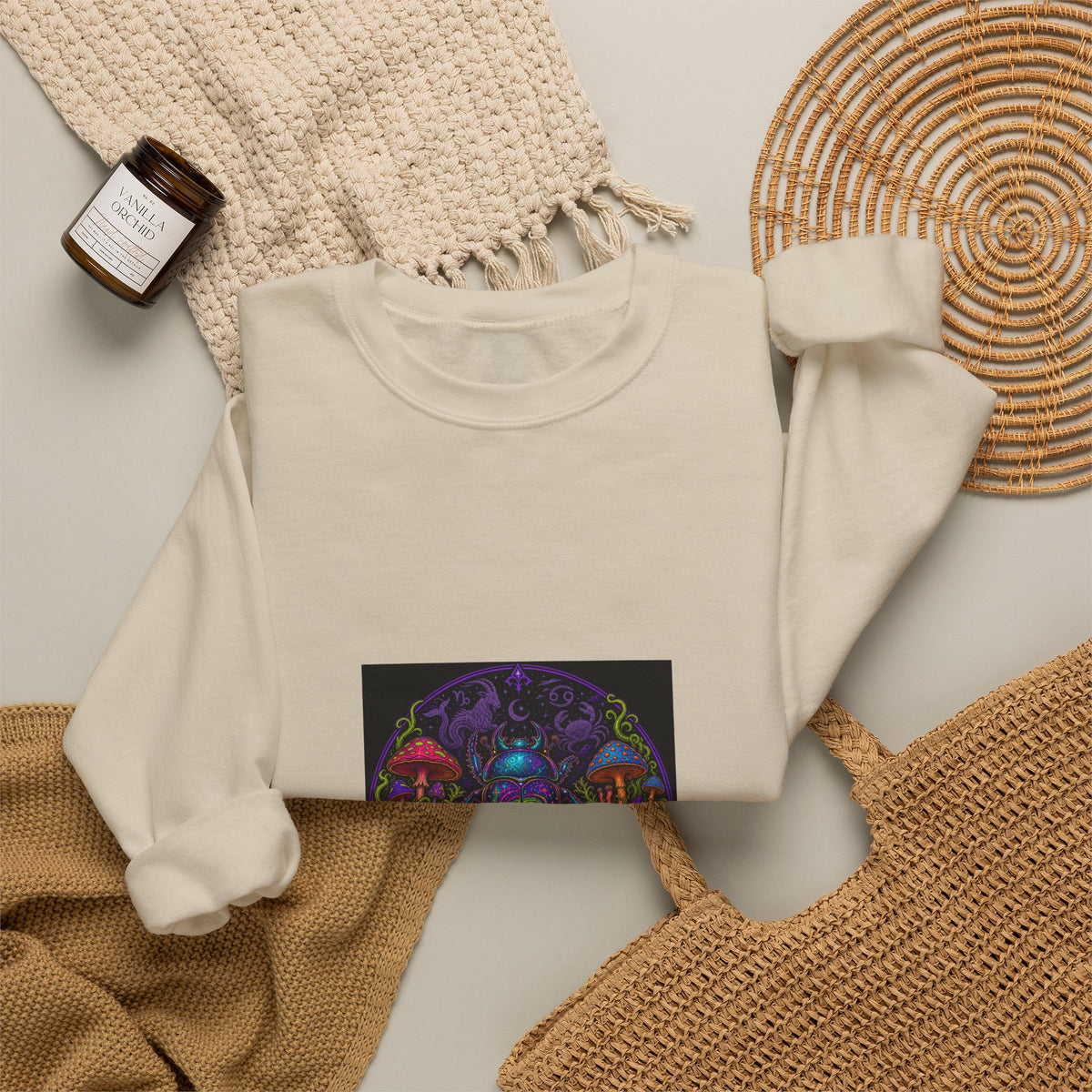 Crewneck Sweatshirt — Psychedelic Skull & Mushroom Art with “To Shuff Around” Text
