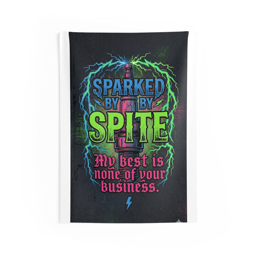 A rectangular wall tapestry featuring a dark, grunge-style graphic with the text 'SPARKED BY SPITE My best is none of your business.' in blue, green, and pink lettering, surrounded by neon lightning effects on a black background.