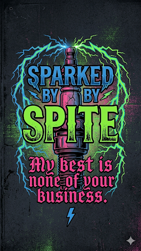 Vape device with text 'Sparked by Spite, my best is none of your business.' on a dark background